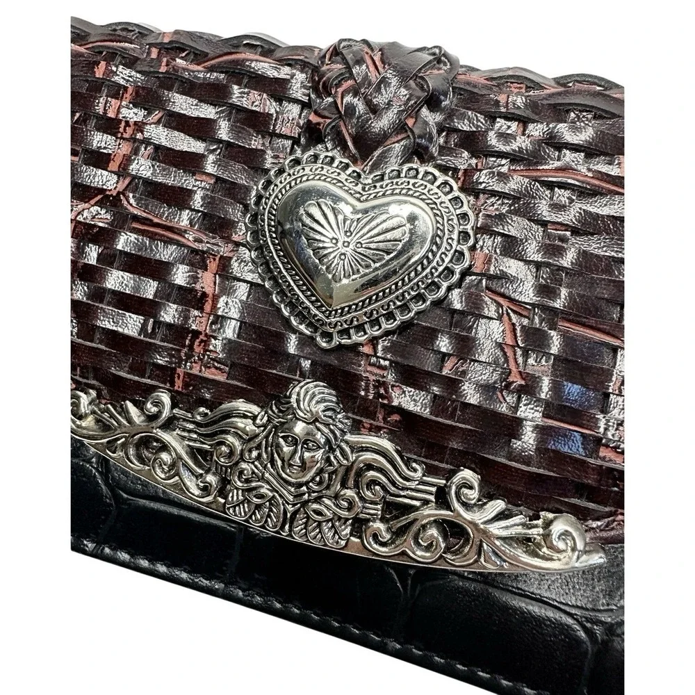 Western Crossbody Wallet Clutch Faux Croc Woven Leather Look Silver Heart Medusa